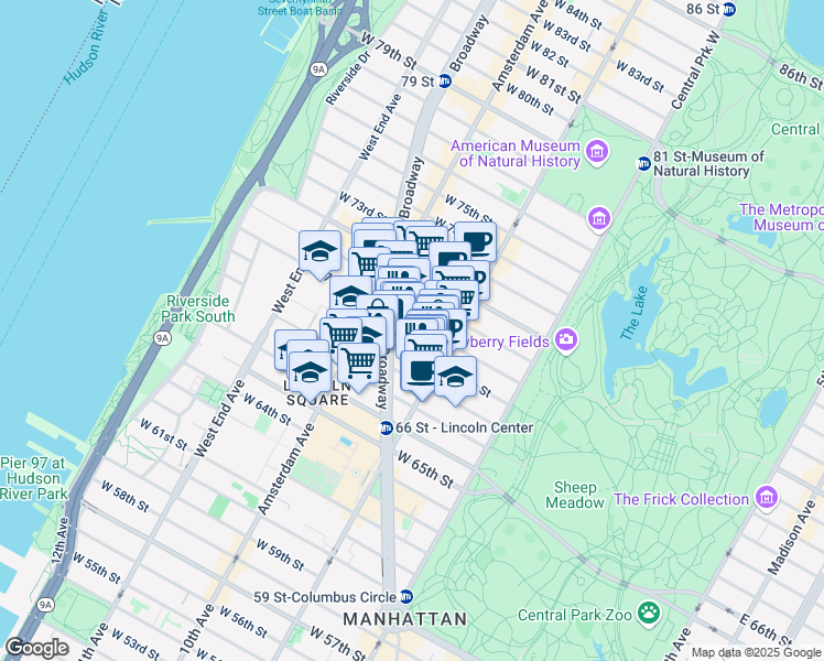 map of restaurants, bars, coffee shops, grocery stores, and more near 140 West 69th Street in New York
