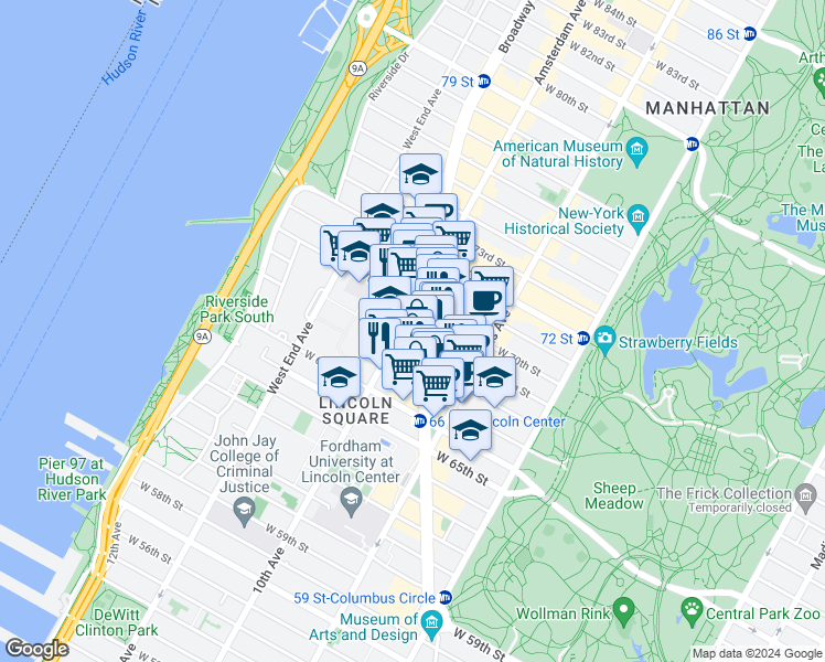 map of restaurants, bars, coffee shops, grocery stores, and more near 179 West 68th Street in New York