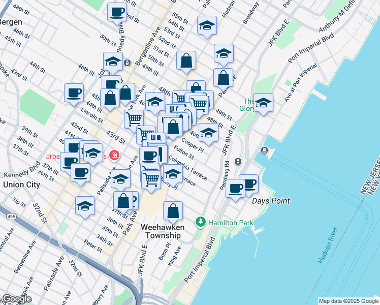 map of restaurants, bars, coffee shops, grocery stores, and more near 70-72 Columbia Terrace in Weehawken