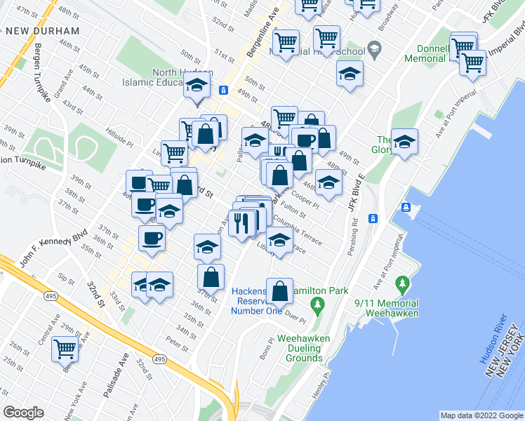 map of restaurants, bars, coffee shops, grocery stores, and more near 4300 Park Avenue in Weehawken