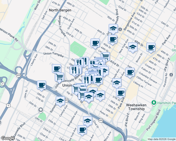 map of restaurants, bars, coffee shops, grocery stores, and more near 534 38th Street in Union City