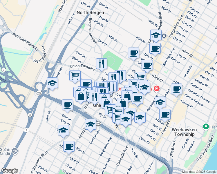 map of restaurants, bars, coffee shops, grocery stores, and more near 616 36th Street in Union City