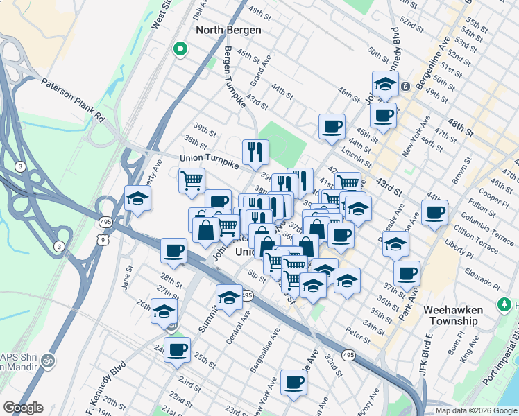 map of restaurants, bars, coffee shops, grocery stores, and more near 616 36th Street in Union City