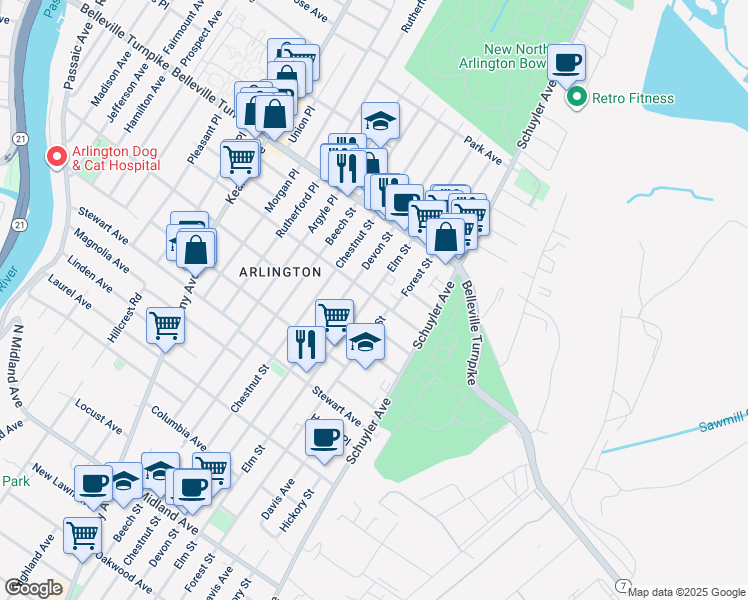 map of restaurants, bars, coffee shops, grocery stores, and more near 692 Elm Street in Kearny