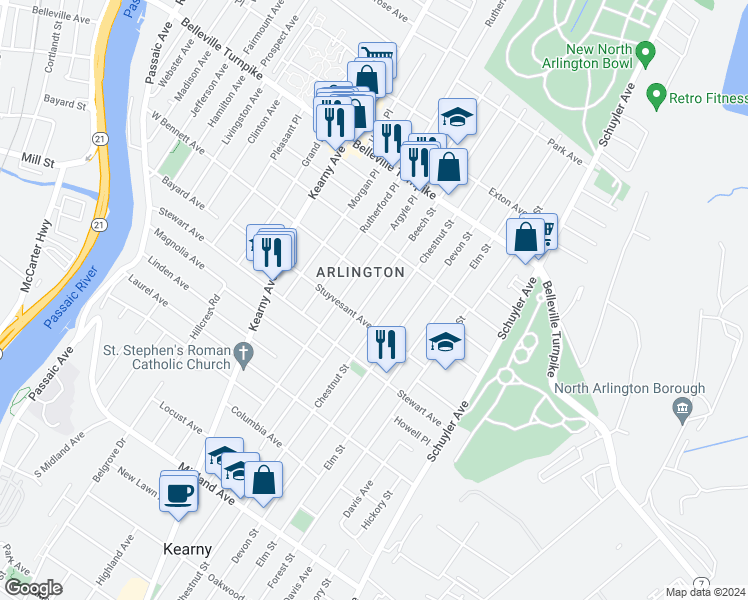 map of restaurants, bars, coffee shops, grocery stores, and more near 743 Chestnut Street in Kearny