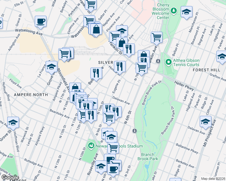 map of restaurants, bars, coffee shops, grocery stores, and more near 491 Delavan Avenue in Newark