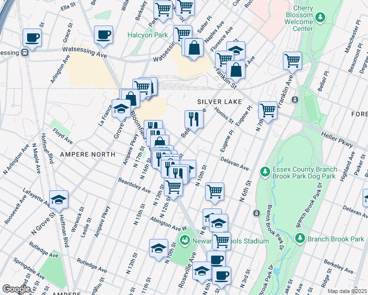 map of restaurants, bars, coffee shops, grocery stores, and more near 9 Lawrence Street in Belleville