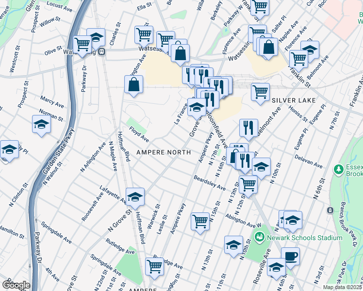 map of restaurants, bars, coffee shops, grocery stores, and more near 93 Grove Street in Bloomfield