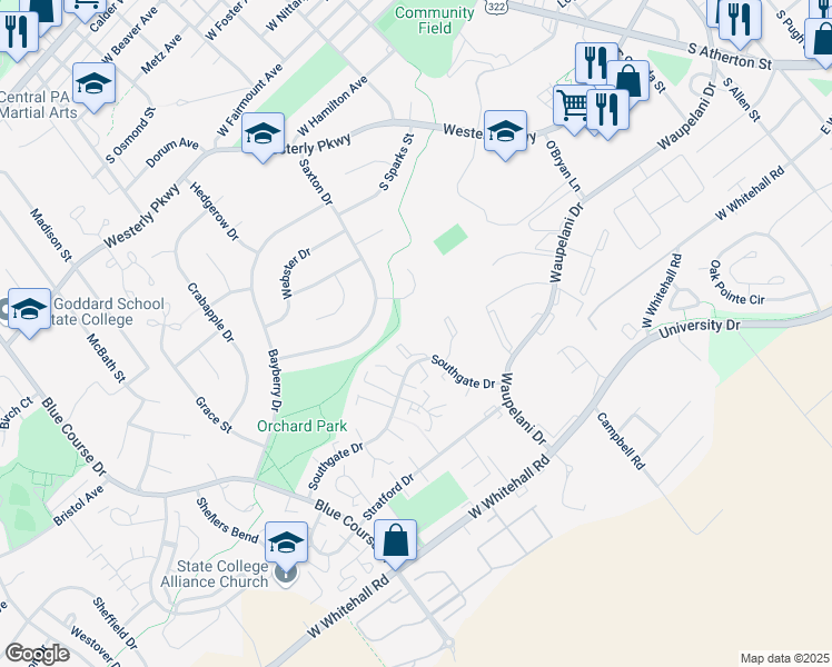 map of restaurants, bars, coffee shops, grocery stores, and more near 843 Southgate Drive in State College