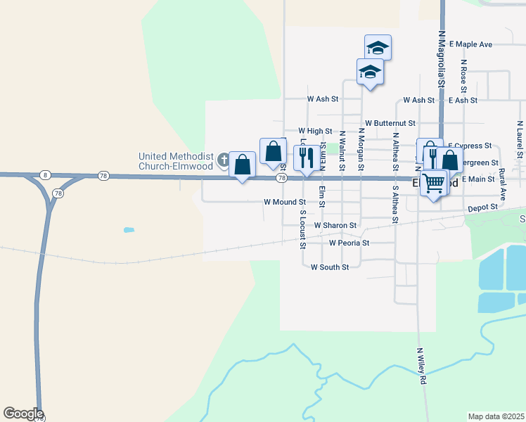 map of restaurants, bars, coffee shops, grocery stores, and more near 224 South Turtle Creek Drive in Elmwood