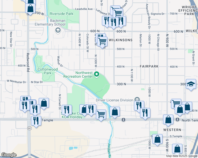map of restaurants, bars, coffee shops, grocery stores, and more near 1300 West 300 North in Salt Lake City