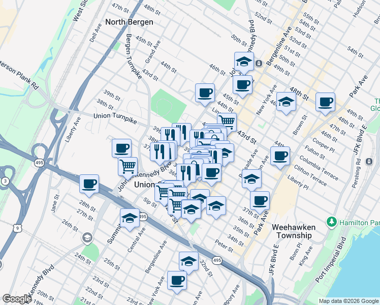map of restaurants, bars, coffee shops, grocery stores, and more near 534 38th Street in Union City
