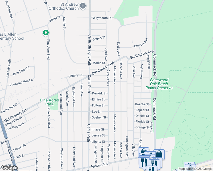 map of restaurants, bars, coffee shops, grocery stores, and more near 190 Cayuga Avenue in Deer Park