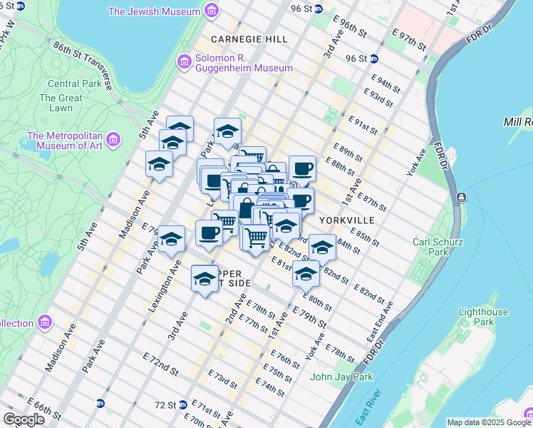 map of restaurants, bars, coffee shops, grocery stores, and more near 225 East 83rd Street in New York