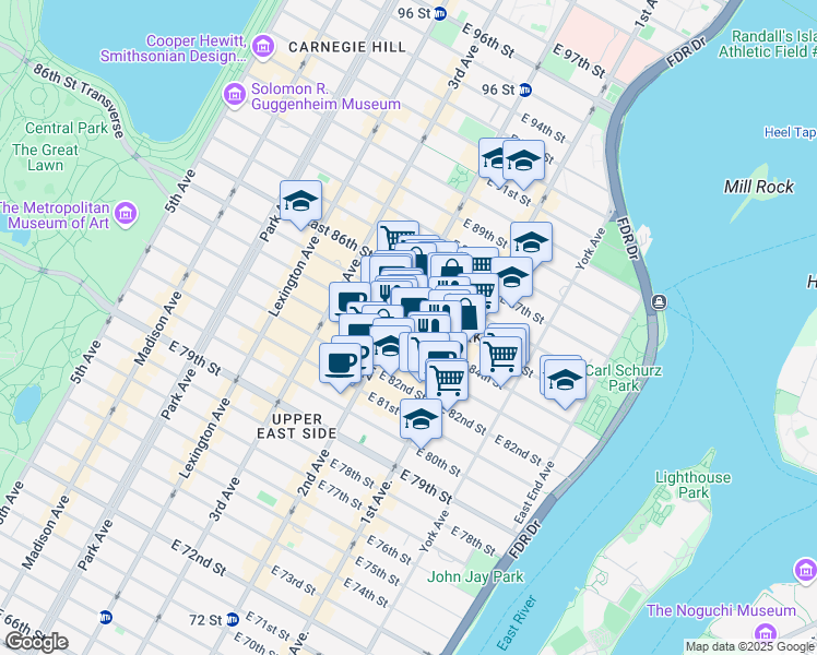 map of restaurants, bars, coffee shops, grocery stores, and more near 303 East 84th Street in New York