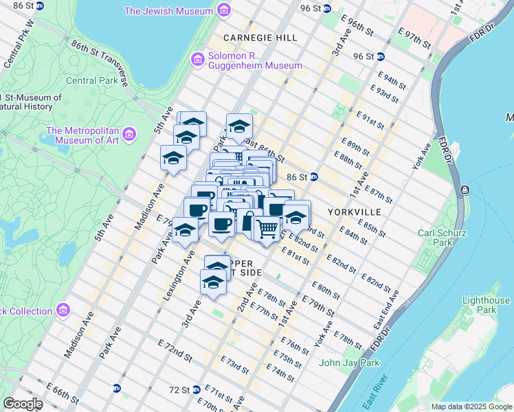 map of restaurants, bars, coffee shops, grocery stores, and more near 1445 3rd Avenue in New York