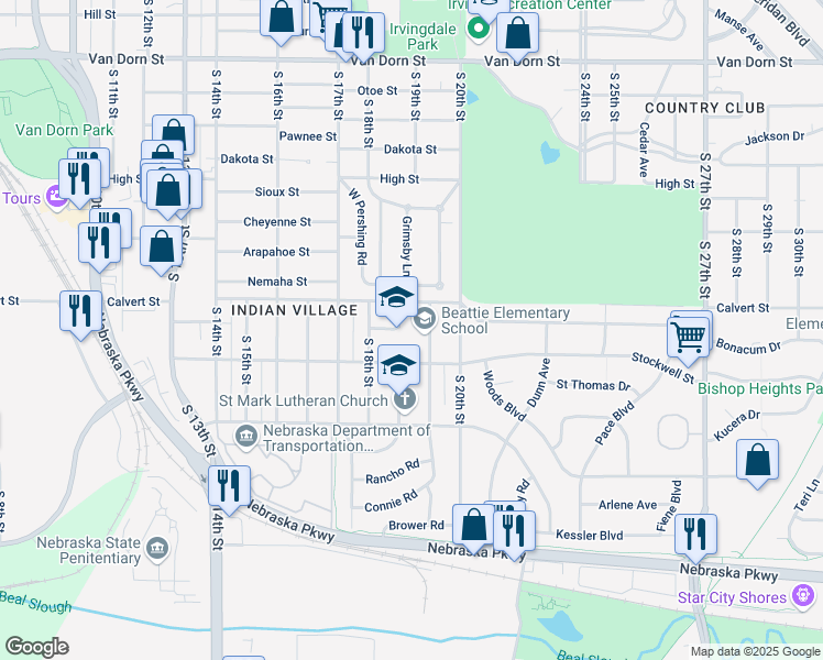 map of restaurants, bars, coffee shops, grocery stores, and more near 1901 Calvert Street in Lincoln