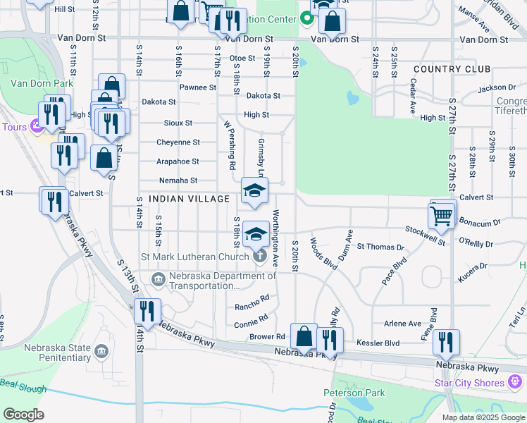 map of restaurants, bars, coffee shops, grocery stores, and more near 1901 Calvert Street in Lincoln