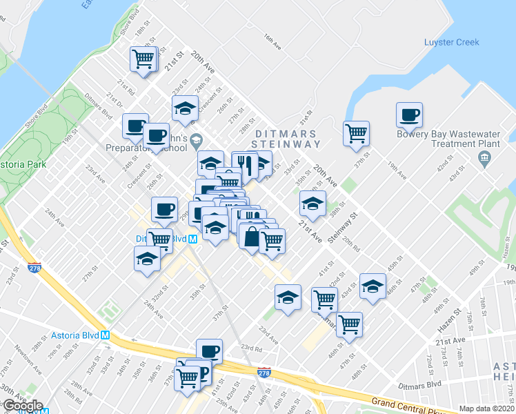map of restaurants, bars, coffee shops, grocery stores, and more near 21-38 35th Street in Queens