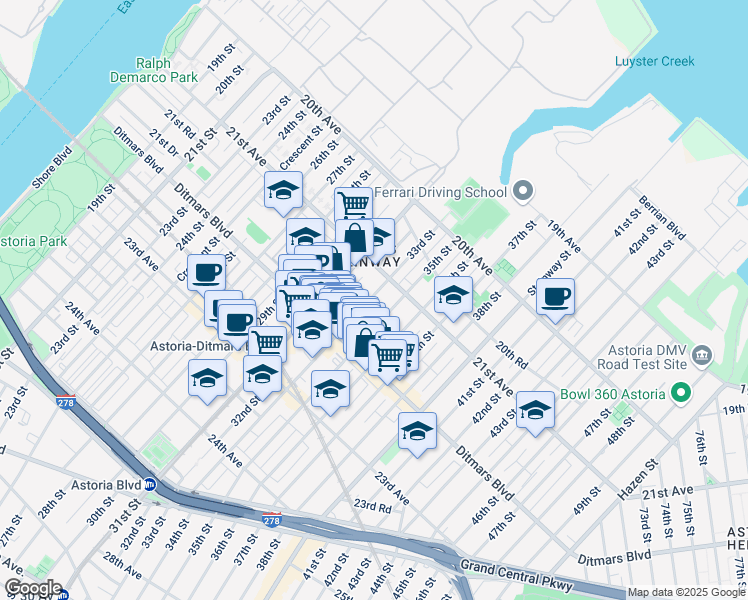 map of restaurants, bars, coffee shops, grocery stores, and more near 21-38 35th Street in Queens