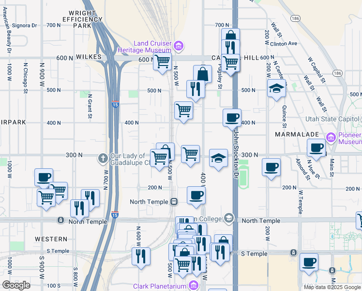 map of restaurants, bars, coffee shops, grocery stores, and more near 320 490 West in Salt Lake City