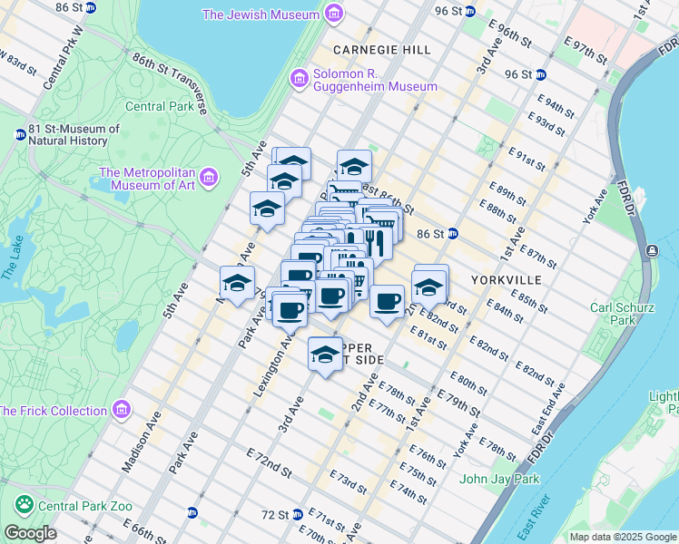 map of restaurants, bars, coffee shops, grocery stores, and more near 158 East 82nd Street in New York