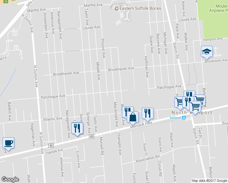 map of restaurants, bars, coffee shops, grocery stores, and more near Macdonald Avenue in North Bellport