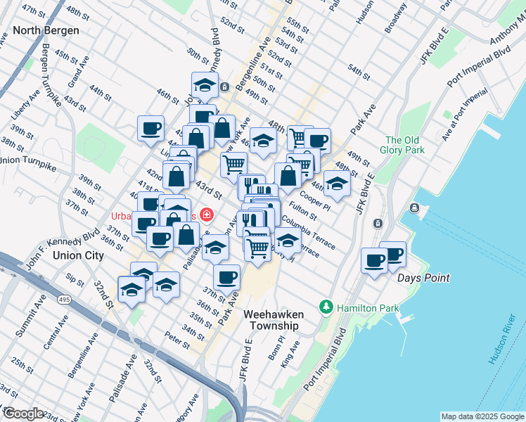 map of restaurants, bars, coffee shops, grocery stores, and more near 115 43rd Street in Union City