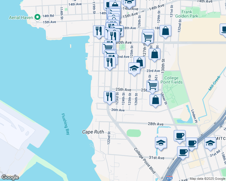 map of restaurants, bars, coffee shops, grocery stores, and more near 25-30 College Point Boulevard in Queens