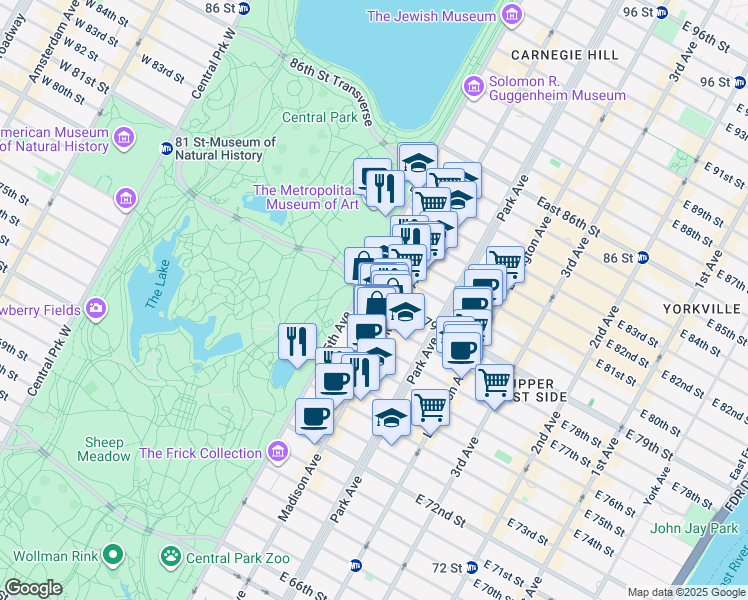 map of restaurants, bars, coffee shops, grocery stores, and more near 4 East 79th Street in New York