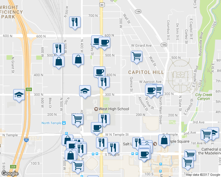 map of restaurants, bars, coffee shops, grocery stores, and more near 244 West 300 North in Salt Lake City