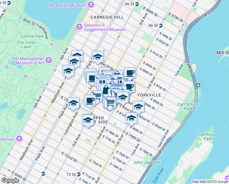map of restaurants, bars, coffee shops, grocery stores, and more near 225 East 82nd Street in New York