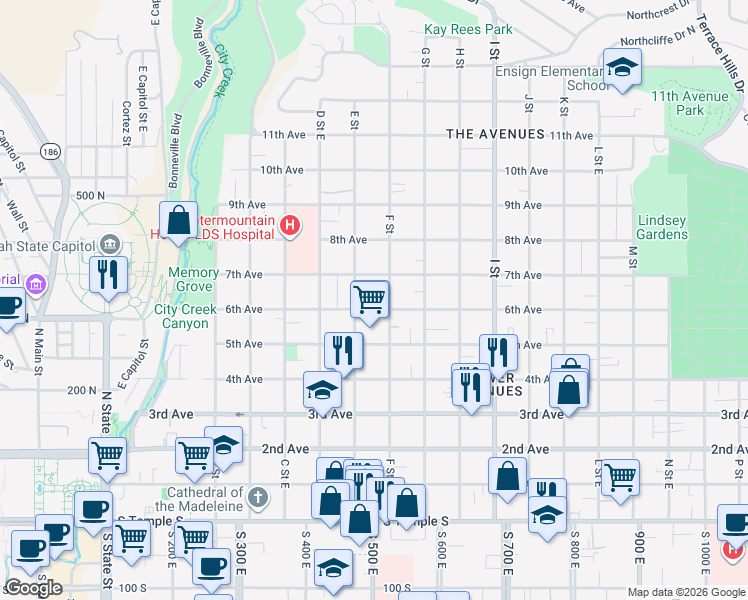 map of restaurants, bars, coffee shops, grocery stores, and more near 421 East 6th Avenue in Salt Lake City