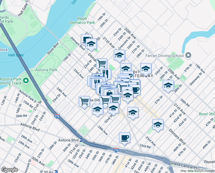 map of restaurants, bars, coffee shops, grocery stores, and more near 22-64 28th Street in Queens