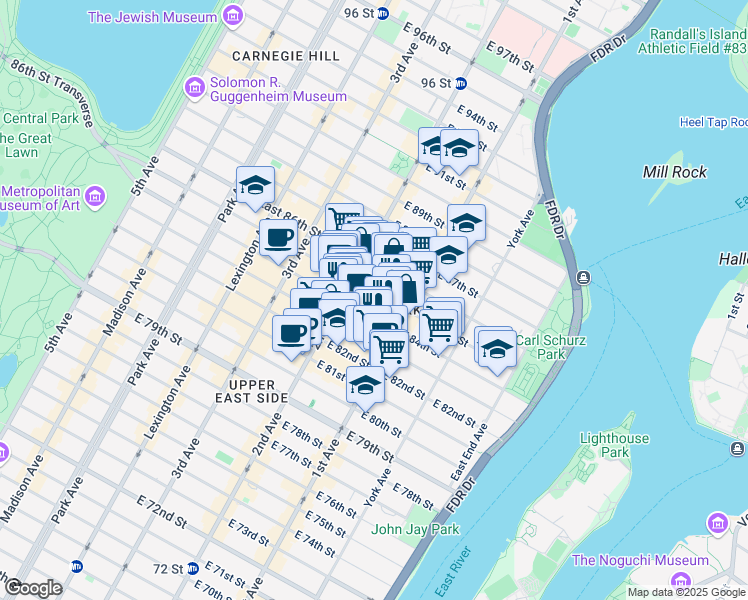 map of restaurants, bars, coffee shops, grocery stores, and more near 324 East 85th Street in New York
