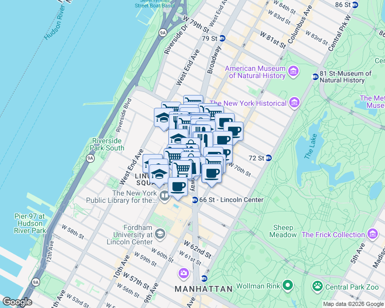 map of restaurants, bars, coffee shops, grocery stores, and more near 2025 Broadway in New York