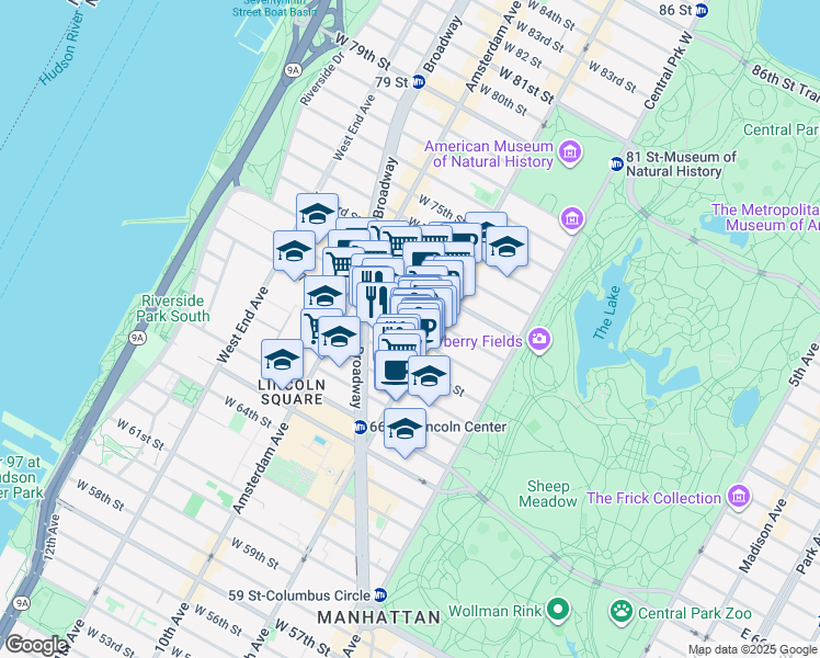 map of restaurants, bars, coffee shops, grocery stores, and more near 115 West 70th Street in New York