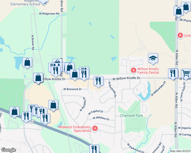 map of restaurants, bars, coffee shops, grocery stores, and more near 3313 West Willow Knolls Drive in Peoria