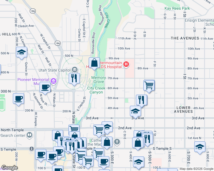 map of restaurants, bars, coffee shops, grocery stores, and more near 205 East 6th Avenue in Salt Lake City