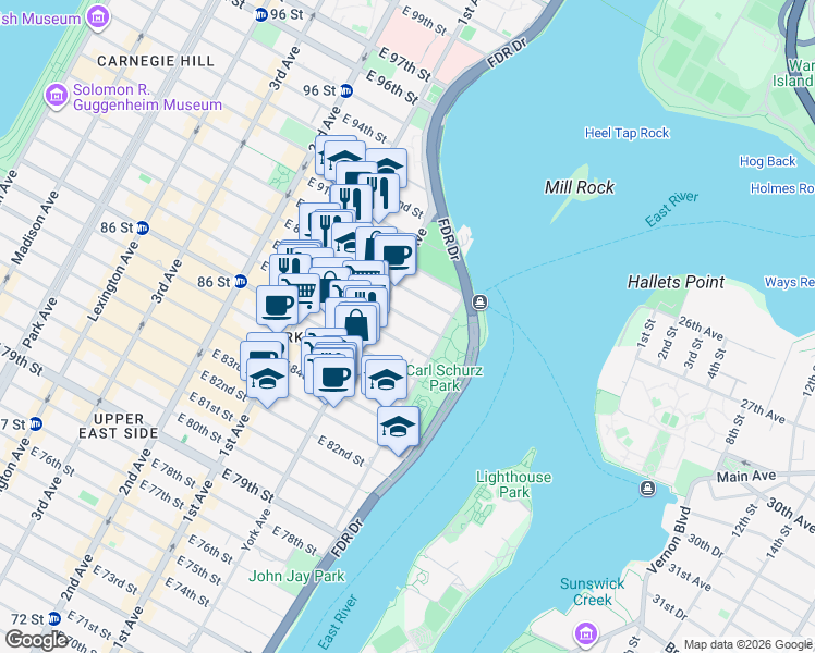 map of restaurants, bars, coffee shops, grocery stores, and more near 528 East 87th Street in New York