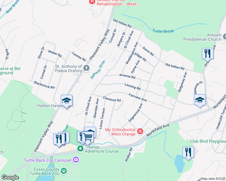 map of restaurants, bars, coffee shops, grocery stores, and more near 90 Fairview Avenue in West Orange