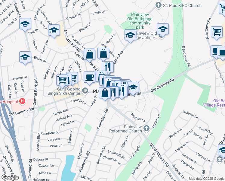 map of restaurants, bars, coffee shops, grocery stores, and more near 1133 Old Country Road in Plainview