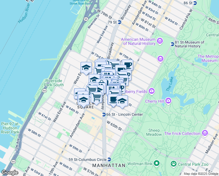 map of restaurants, bars, coffee shops, grocery stores, and more near 146 West 70th Street in New York