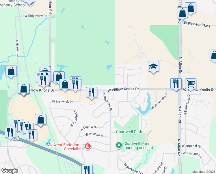map of restaurants, bars, coffee shops, grocery stores, and more near 3119 West Willow Knolls Drive in Peoria