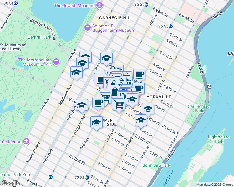 map of restaurants, bars, coffee shops, grocery stores, and more near 225 East 82nd Street in New York