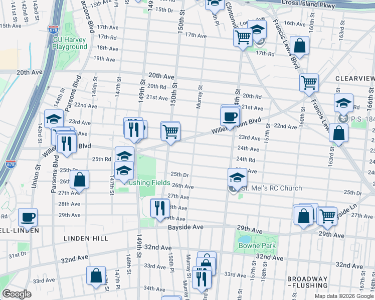 map of restaurants, bars, coffee shops, grocery stores, and more near 150-37 25th Avenue in Queens