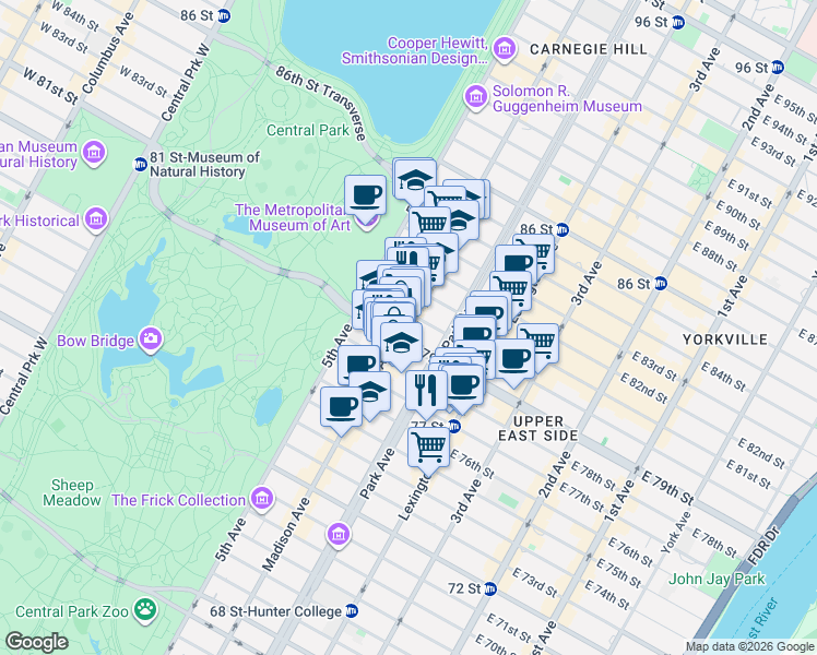 map of restaurants, bars, coffee shops, grocery stores, and more near 1045 Madison Avenue in New York