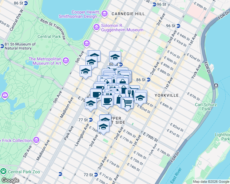 map of restaurants, bars, coffee shops, grocery stores, and more near 1445 3rd Avenue in New York