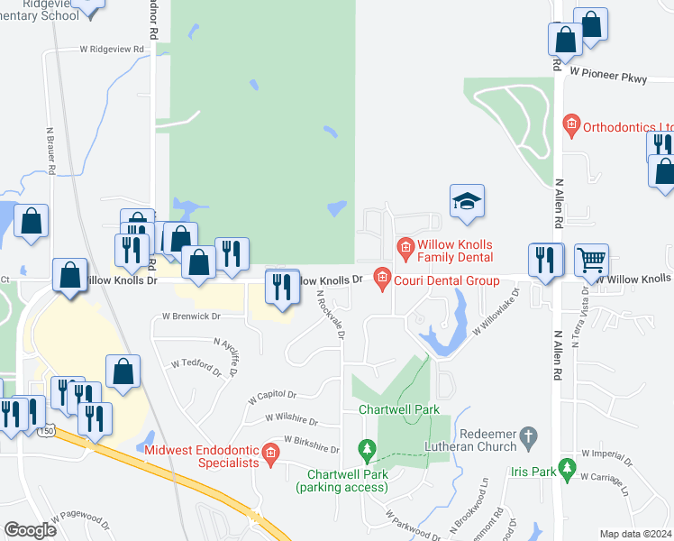 map of restaurants, bars, coffee shops, grocery stores, and more near 3107 West Willow Knolls Drive in Peoria