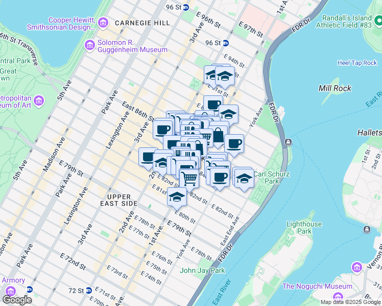 map of restaurants, bars, coffee shops, grocery stores, and more near 345 East 85th Street in New York